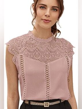 Lace Collar Mock Neck Blouse Dusty Pink Cap Shorts Sleeves Keyhole Size S